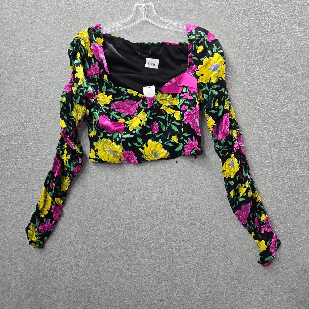 Zara Women Top Medium‎ Black Floral Crop Shirt Long Sleeve Sweetheart Neck